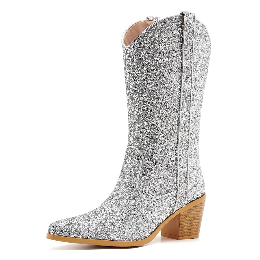 Amazon.com | Aizhenzm Glitter Cowboy Boots Silver Boots For